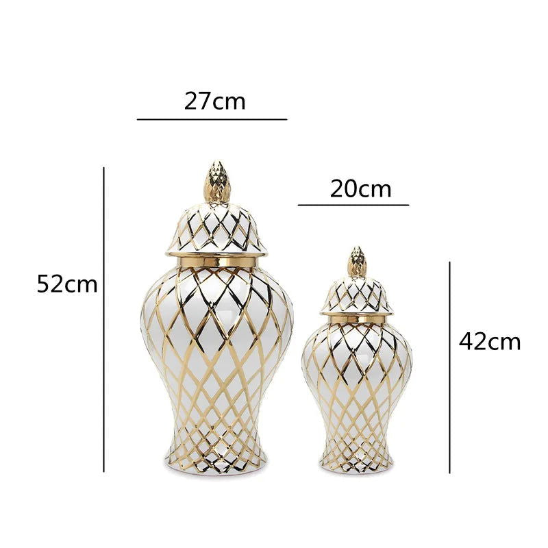 Golden Ceramic General Jar Gold Grid Pattern Ginger Jar Porcelain Storage Tank Handicraft Ornaments Decorative Accessories - Grand Goldman
