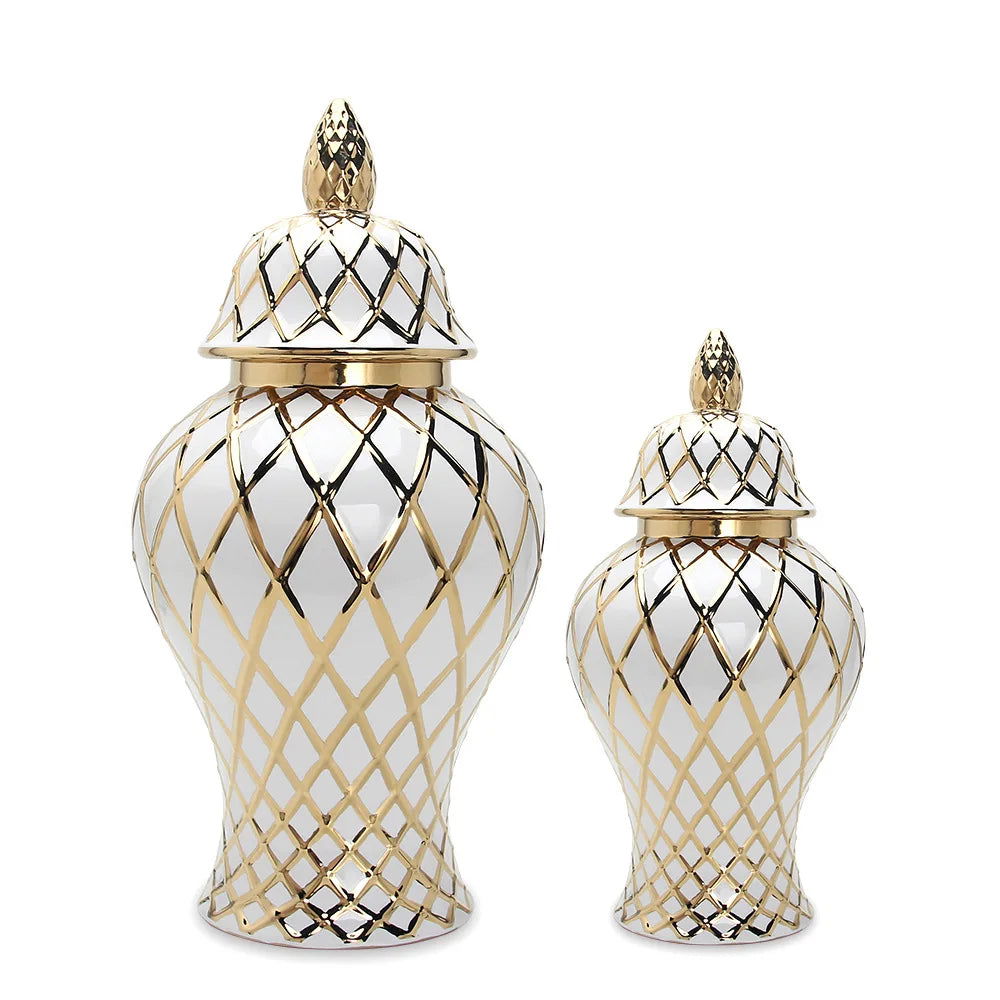 Golden Ceramic General Jar Gold Grid Pattern Ginger Jar Porcelain Storage Tank Handicraft Ornaments Decorative Accessories - Grand Goldman
