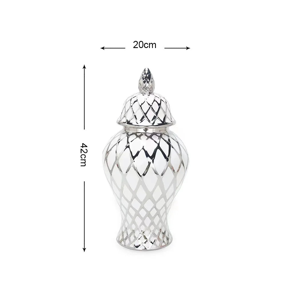 Golden Ceramic General Jar Gold Grid Pattern Ginger Jar Porcelain Storage Tank Handicraft Ornaments Decorative Accessories - Grand Goldman