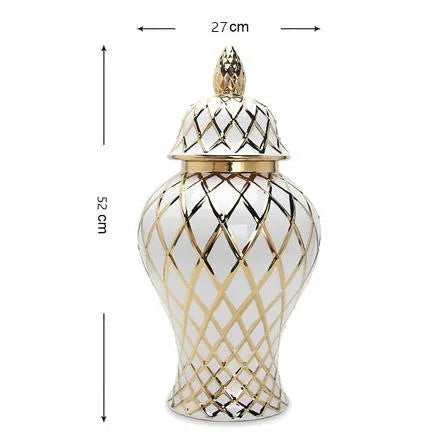 Golden Ceramic General Jar Gold Grid Pattern Ginger Jar Porcelain Storage Tank Handicraft Ornaments Decorative Accessories - Grand Goldman