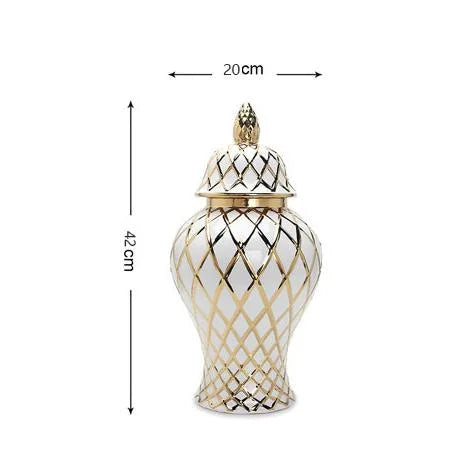 Golden Ceramic General Jar Gold Grid Pattern Ginger Jar Porcelain Storage Tank Handicraft Ornaments Decorative Accessories - Grand Goldman