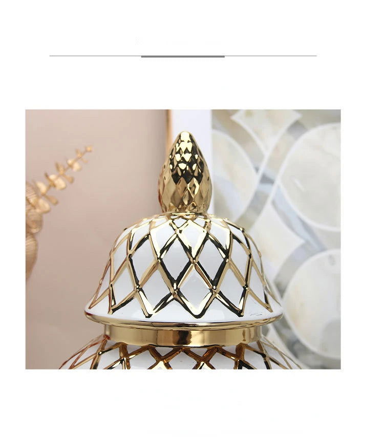Golden Ceramic General Jar Gold Grid Pattern Ginger Jar Porcelain Storage Tank Handicraft Ornaments Decorative Accessories - Grand Goldman