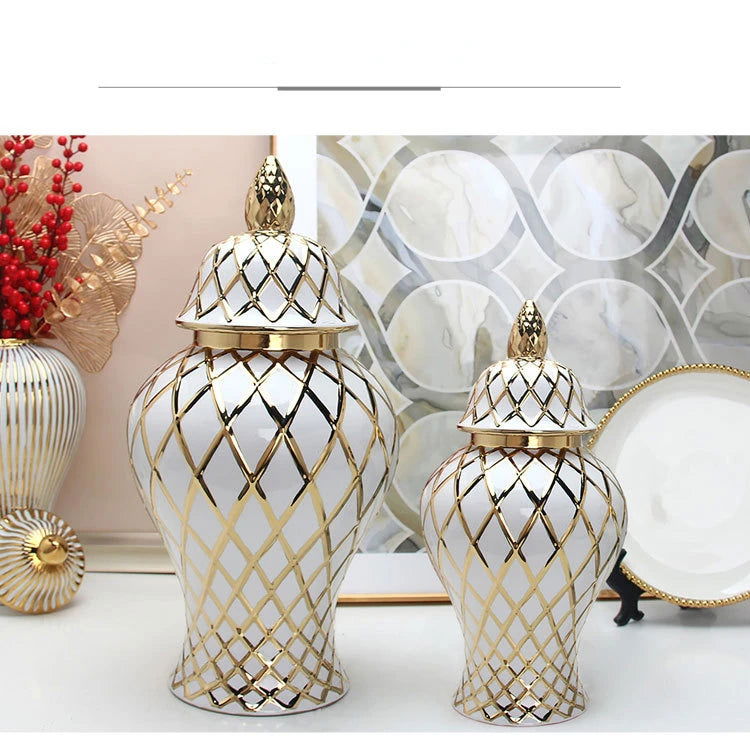 Golden Ceramic General Jar Gold Grid Pattern Ginger Jar Porcelain Storage Tank Handicraft Ornaments Decorative Accessories - Grand Goldman