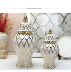 Golden Ceramic General Jar Gold Grid Pattern Ginger Jar Porcelain Storage Tank Handicraft Ornaments Decorative Accessories - Grand Goldman