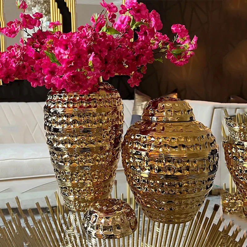 Golden Ceramic Pot Checkmate Can Porcelain Round Ginger Pot Flower Vase Retro Chinese Storage Can Home Handicraft Decoration - Grand Goldman