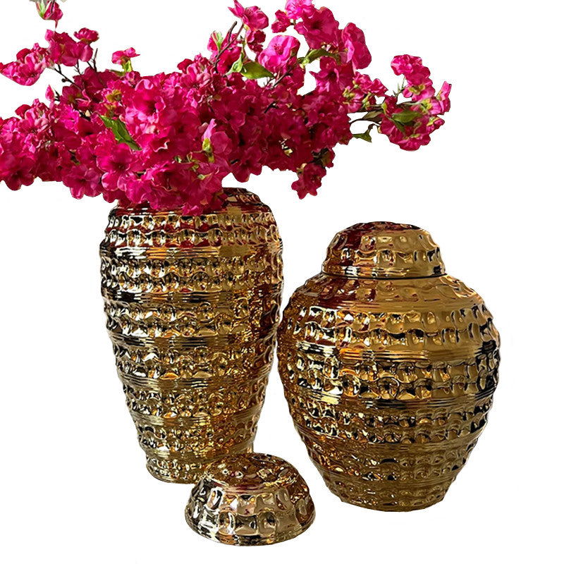Golden Ceramic Pot Checkmate Can Porcelain Round Ginger Pot Flower Vase Retro Chinese Storage Can Home Handicraft Decoration - Grand Goldman