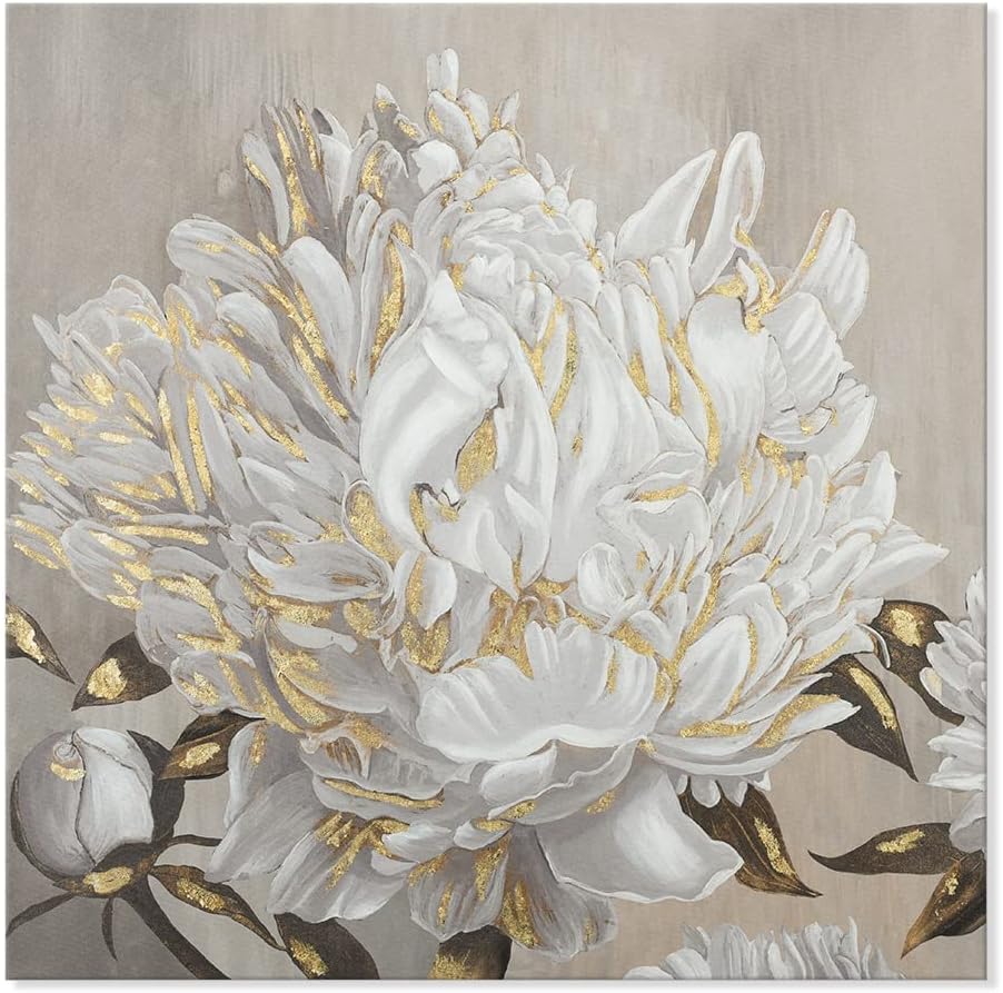 Goldfoilart Floral Wall Art Gold Pictures White Flower Canvas with Gold Foil Embellishment Paintings Textured Poster Framed Artwork for Living Room Bedroom Office Decorations 24" x 24" - Grand Goldman
