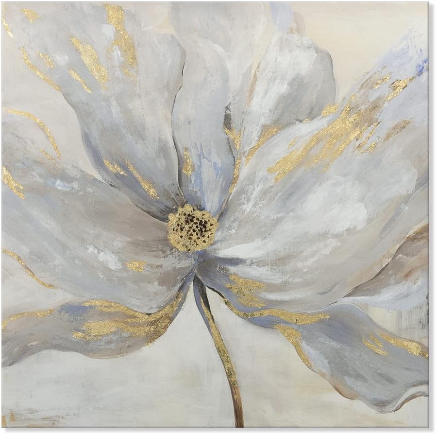 Goldfoilart Floral Wall Art Gold Pictures White Flower Canvas with Gold Foil Embellishment Paintings Textured Poster Framed Artwork for Living Room Bedroom Office Decorations 24" x 24" - Grand Goldman