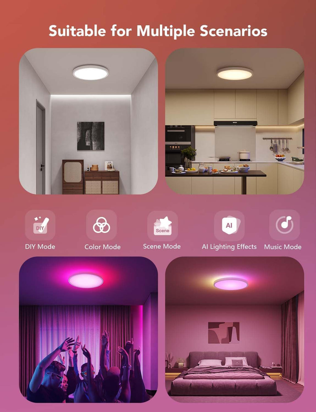 Govee Smart Ceiling Light, RGBIC LED Ceiling Light Fixture, 2400LM Flush Mount Light Fixture, DIY Colors, Works with Alexa, 2200K-6500K Ceiling Lights for Bedroom, Living Room, 12 Inch, 1 Pack - Grand Goldman