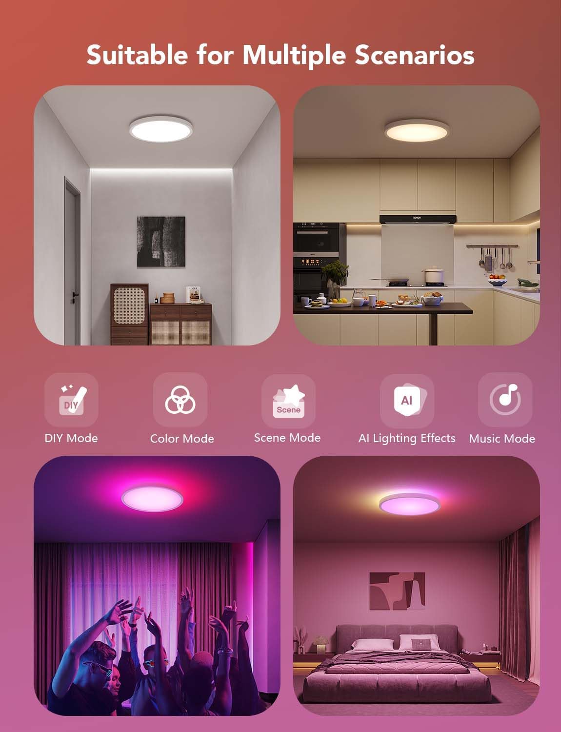 Govee Smart Ceiling Light, RGBIC LED Ceiling Light Fixture, 2400LM Flush Mount Light Fixture, DIY Colors, Works with Alexa, 2200K-6500K Ceiling Lights for Bedroom, Living Room, 12 Inch, 1 Pack - Grand Goldman