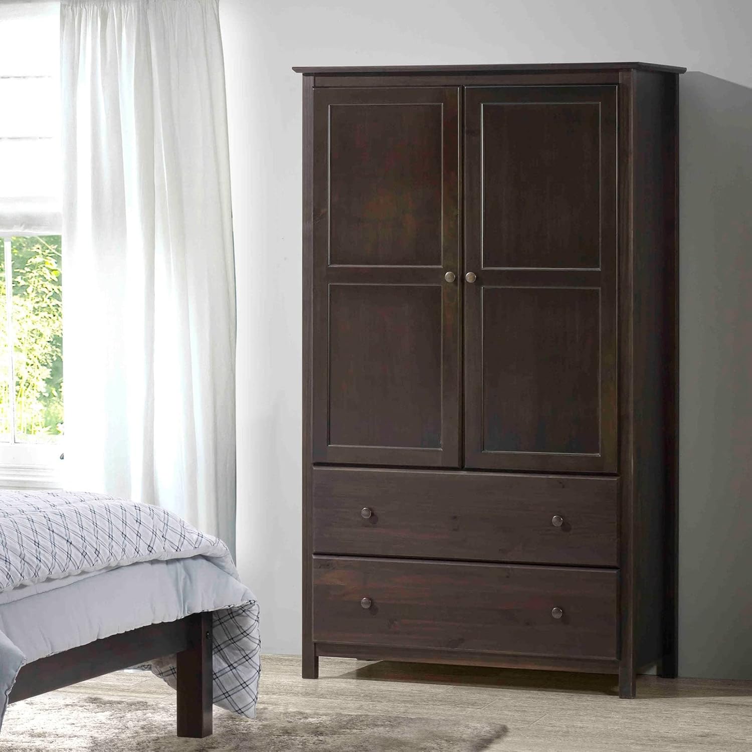 Grain Wood Furniture Shaker 2-Door Wardrobe, Solid Wood with Expresso Finish - Grand Goldman
