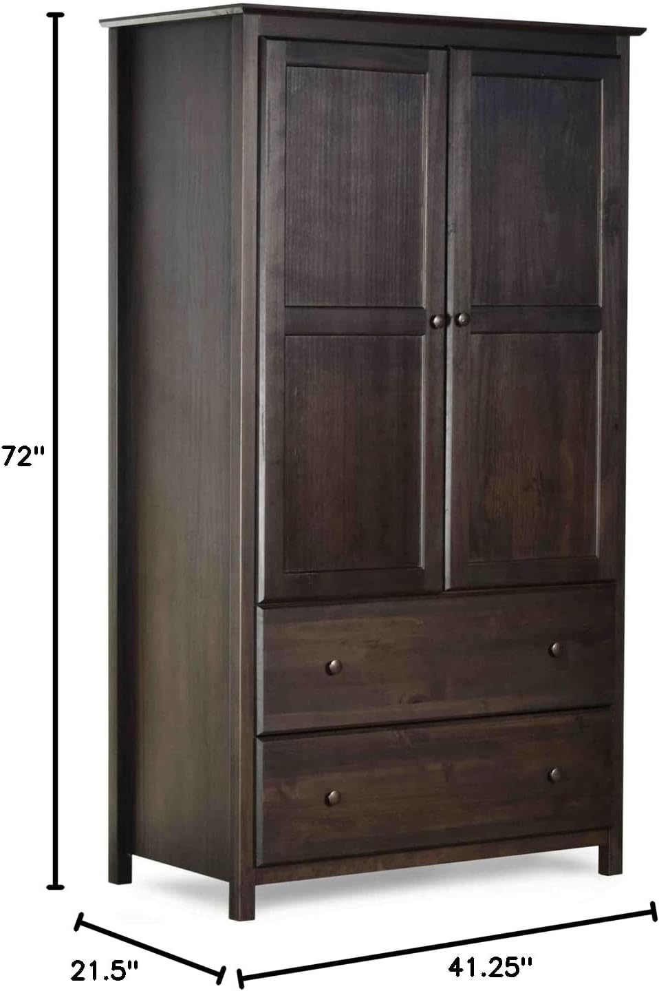 Grain Wood Furniture Shaker 2-Door Wardrobe, Solid Wood with Expresso Finish - Grand Goldman