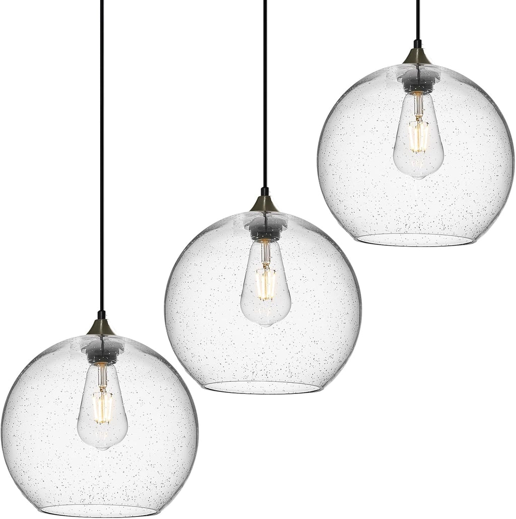 Gray Green Glass Pendant Lights Kitchen Island Lighting Globe Pendant Light Fixtures Modern Pendant Lighting for Kitchen Island Bedroom Living Dining Room Light Fixture(5.9in, 3-Pack) - Grand Goldman