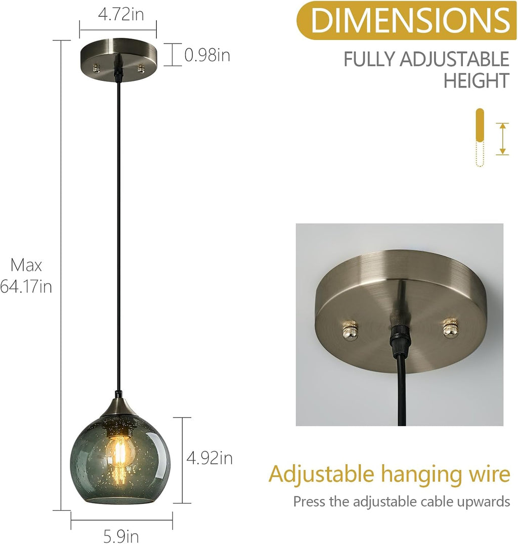 Gray Green Glass Pendant Lights Kitchen Island Lighting Globe Pendant Light Fixtures Modern Pendant Lighting for Kitchen Island Bedroom Living Dining Room Light Fixture(5.9in, 3-Pack) - Grand Goldman