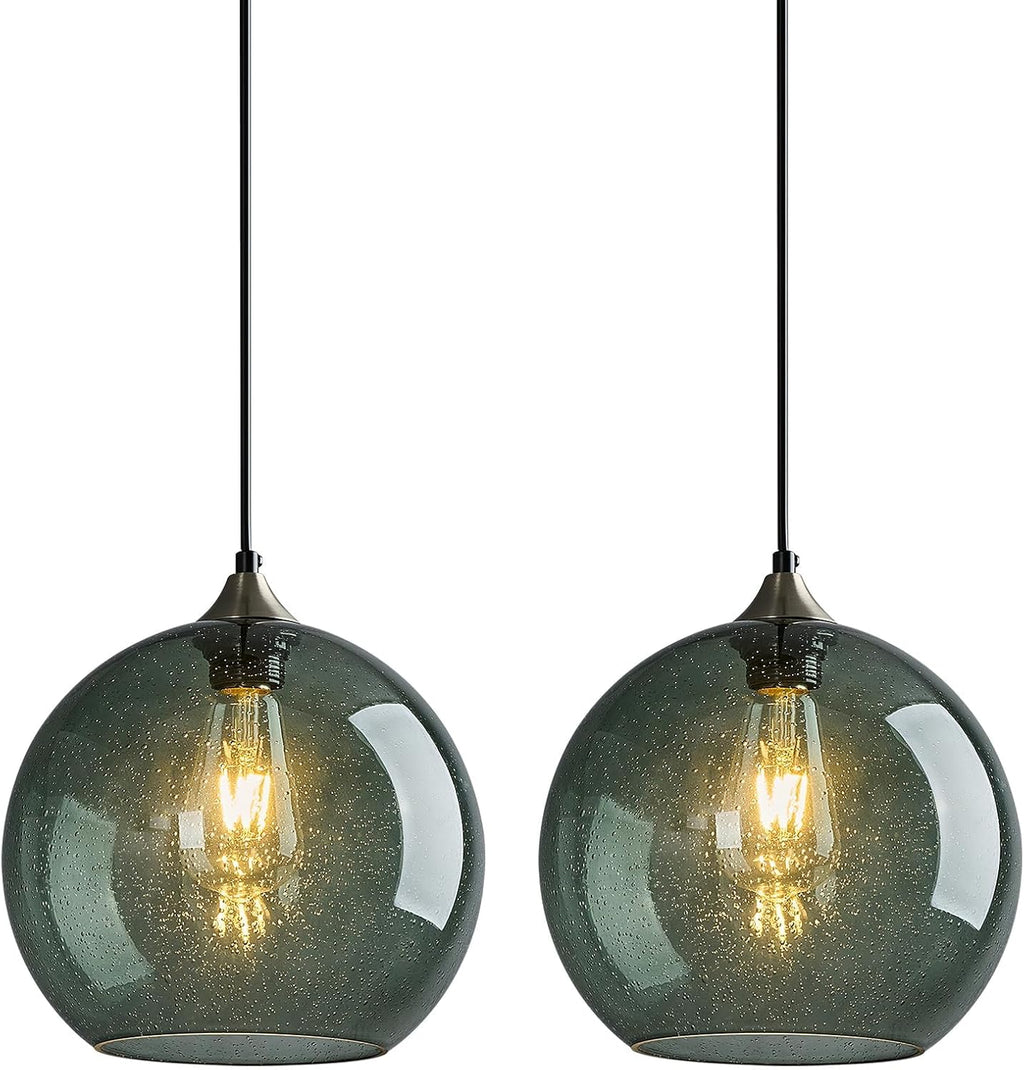 Gray Green Glass Pendant Lights Kitchen Island Lighting Globe Pendant Light Fixtures Modern Pendant Lighting for Kitchen Island Bedroom Living Dining Room Light Fixture(5.9in, 3-Pack) - Grand Goldman