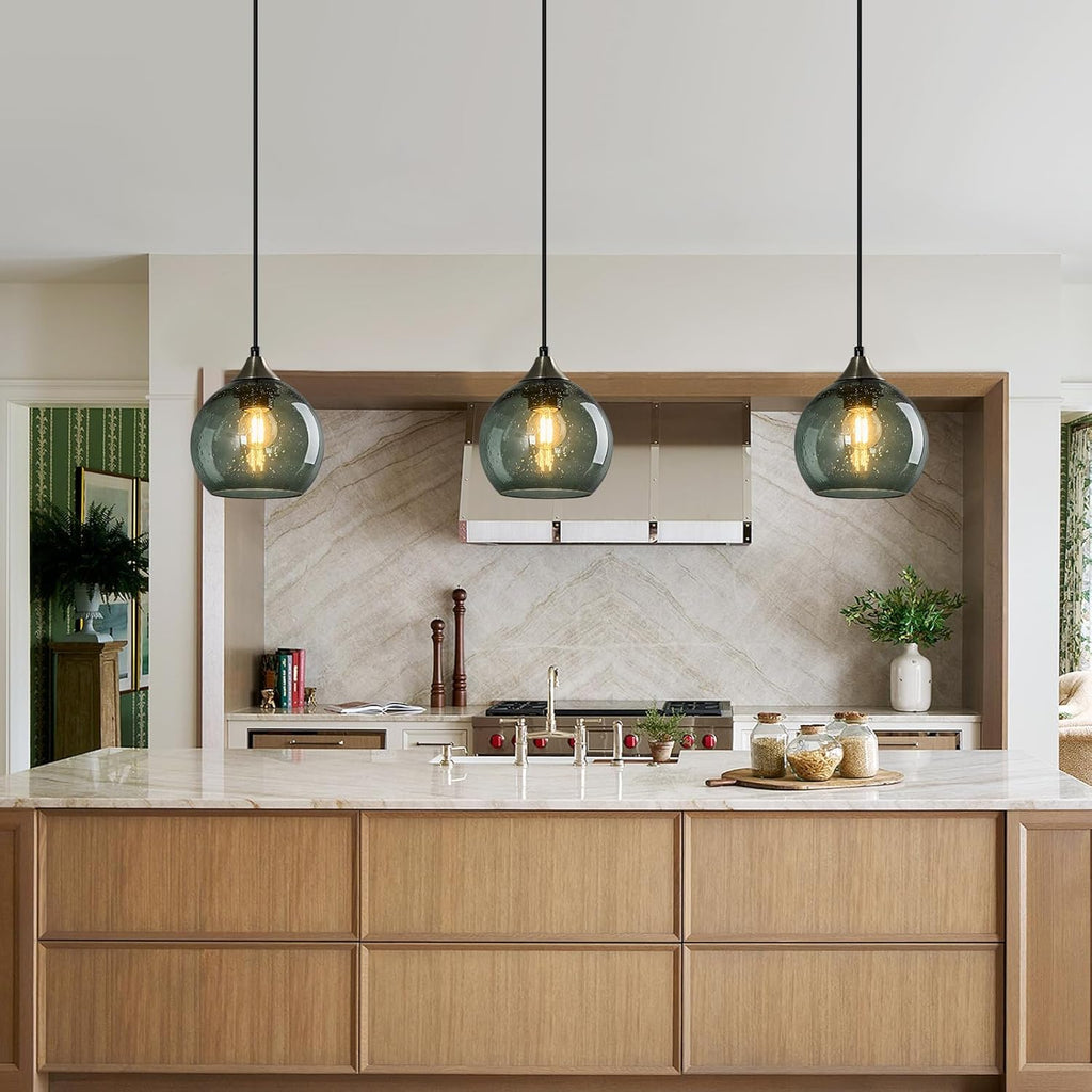 Gray Green Glass Pendant Lights Kitchen Island Lighting Globe Pendant Light Fixtures Modern Pendant Lighting for Kitchen Island Bedroom Living Dining Room Light Fixture(5.9in, 3-Pack) - Grand Goldman