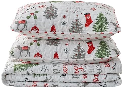Great Bay Home 2-Piece Christmas Quilt Set with Shams. Reversible Bedspread Coverlet with Holiday Pattern. Holly Collection (Twin/Twin XL) - Grand Goldman