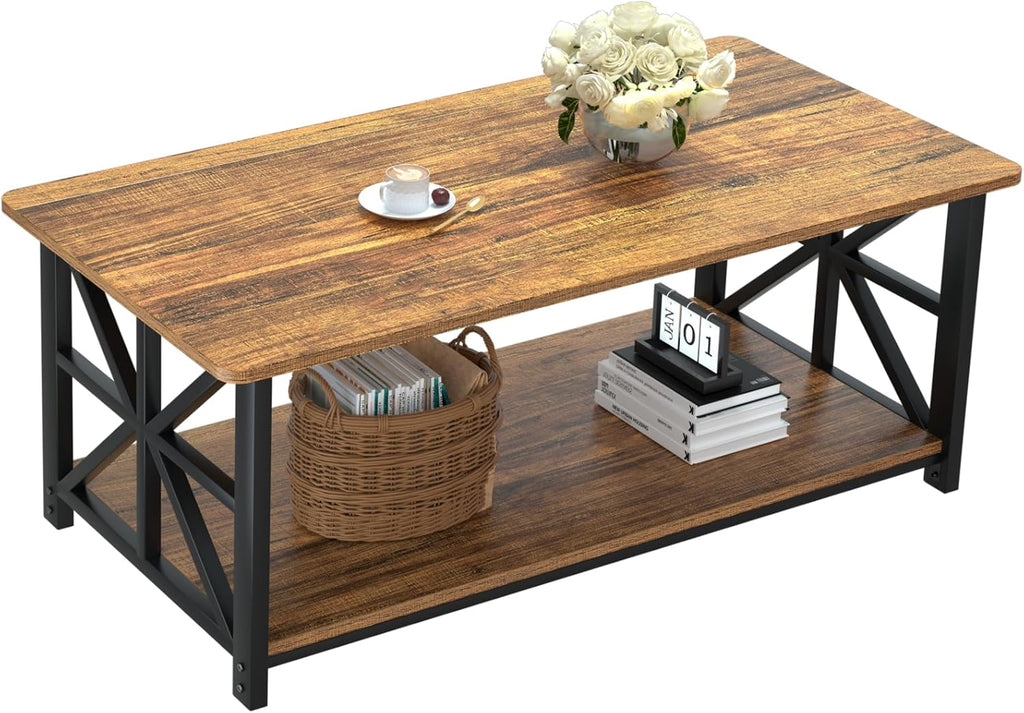 GreenForest Coffee Table for Living Room with Round Corners Farmhouse Style Center Table with Storage Shelf 39 Inch Space Saving Easy Assembly Gray Wash - Grand Goldman