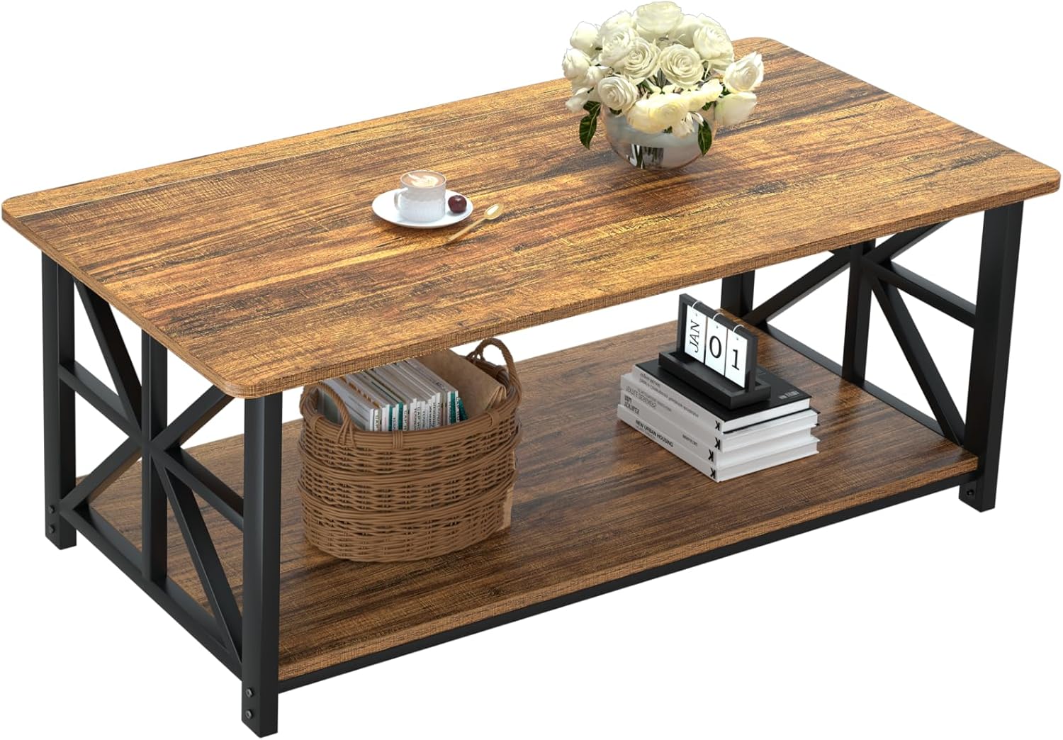 GreenForest Coffee Table for Living Room with Round Corners Farmhouse Style Center Table with Storage Shelf 39 Inch Space Saving Easy Assembly Gray Wash - Grand Goldman