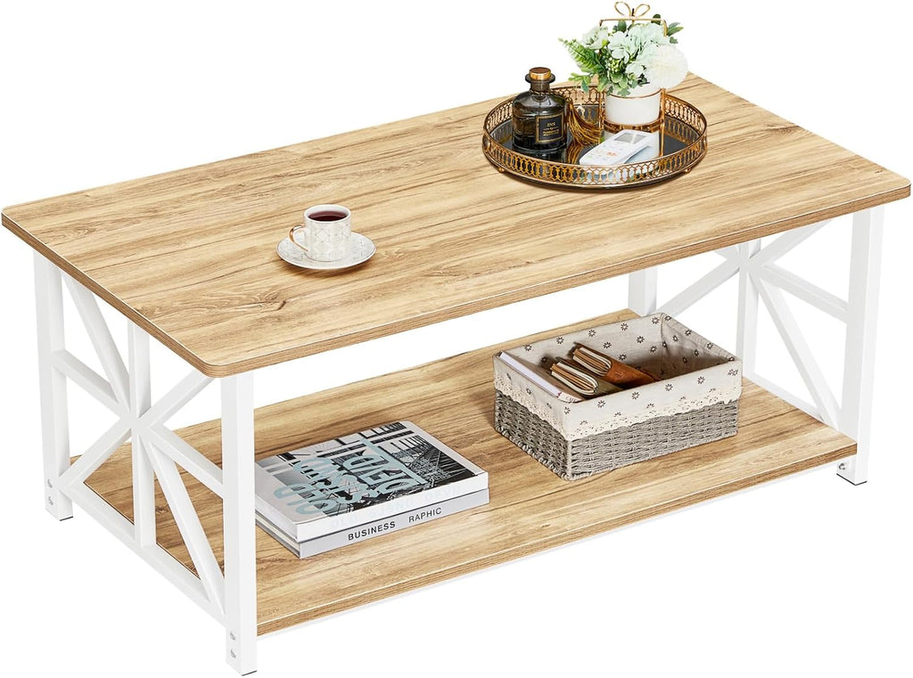 GreenForest Coffee Table for Living Room with Round Corners Farmhouse Style Center Table with Storage Shelf 39 Inch Space Saving Easy Assembly Gray Wash - Grand Goldman