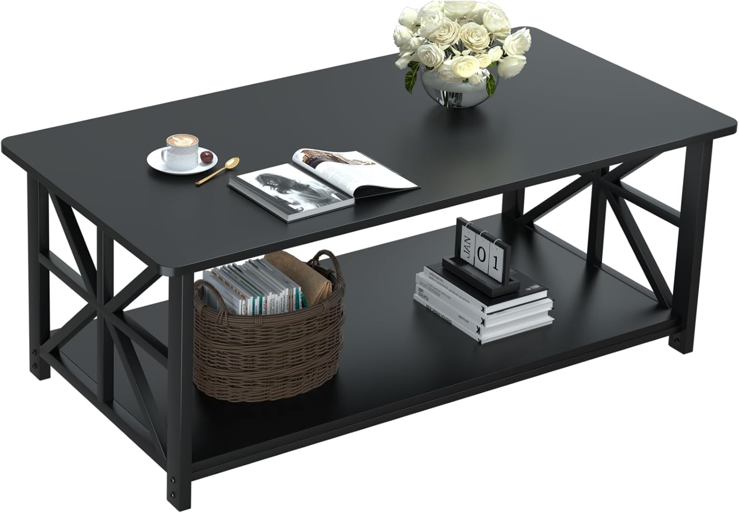 GreenForest Coffee Table for Living Room with Round Corners Farmhouse Style Center Table with Storage Shelf 39 Inch Space Saving Easy Assembly Gray Wash - Grand Goldman
