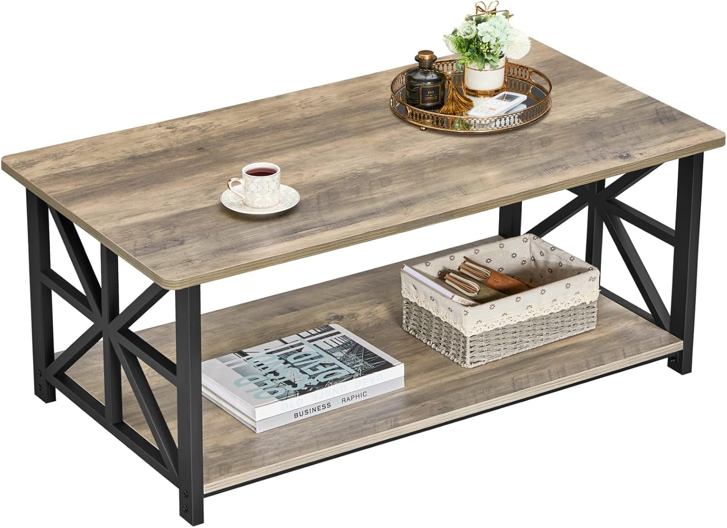 GreenForest Coffee Table for Living Room with Round Corners Farmhouse Style Center Table with Storage Shelf 39 Inch Space Saving Easy Assembly Gray Wash - Grand Goldman