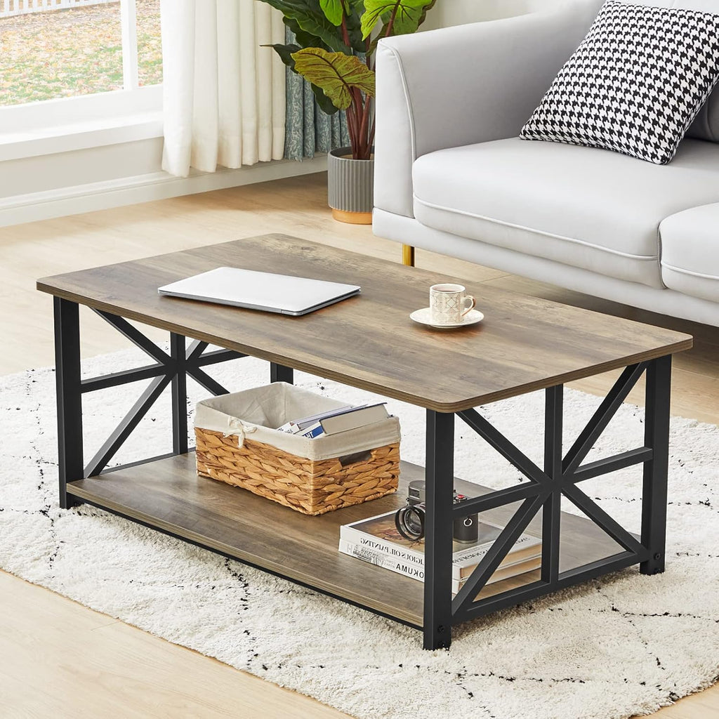 GreenForest Coffee Table for Living Room with Round Corners Farmhouse Style Center Table with Storage Shelf 39 Inch Space Saving Easy Assembly Gray Wash - Grand Goldman