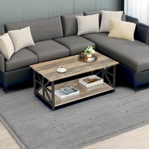 GreenForest Coffee Table for Living Room with Round Corners Farmhouse Style Center Table with Storage Shelf 39 Inch Space Saving Easy Assembly Gray Wash - Grand Goldman