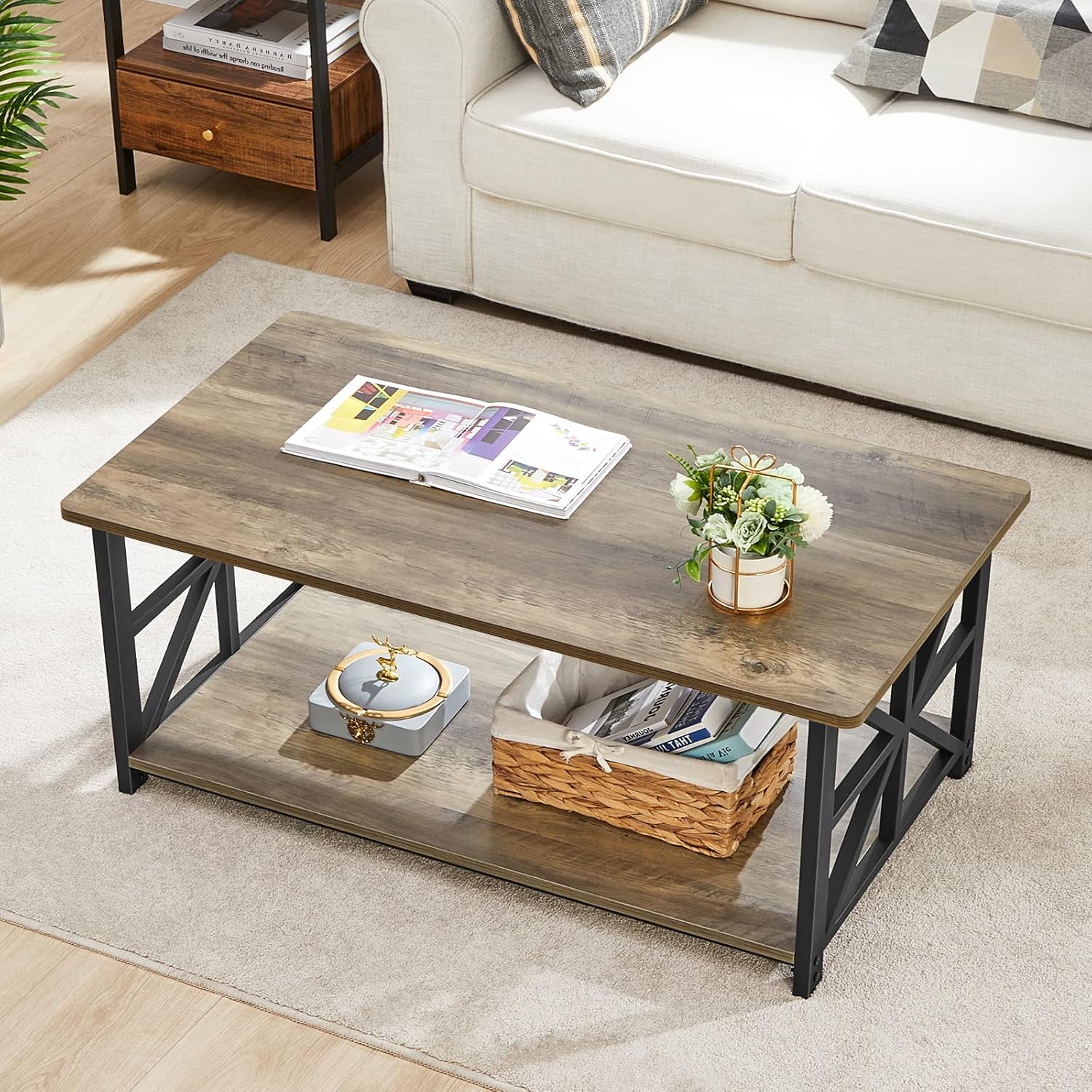 GreenForest Coffee Table for Living Room with Round Corners Farmhouse Style Center Table with Storage Shelf 39 Inch Space Saving Easy Assembly Gray Wash - Grand Goldman