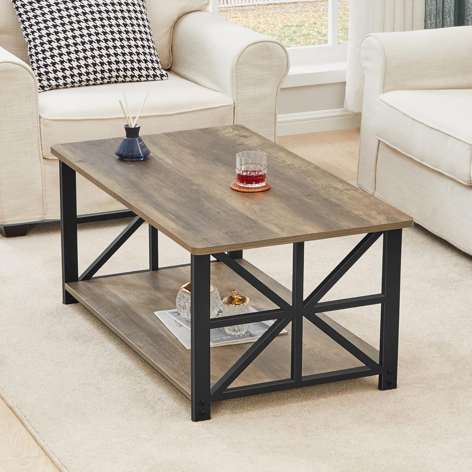 GreenForest Coffee Table for Living Room with Round Corners Farmhouse Style Center Table with Storage Shelf 39 Inch Space Saving Easy Assembly Gray Wash - Grand Goldman