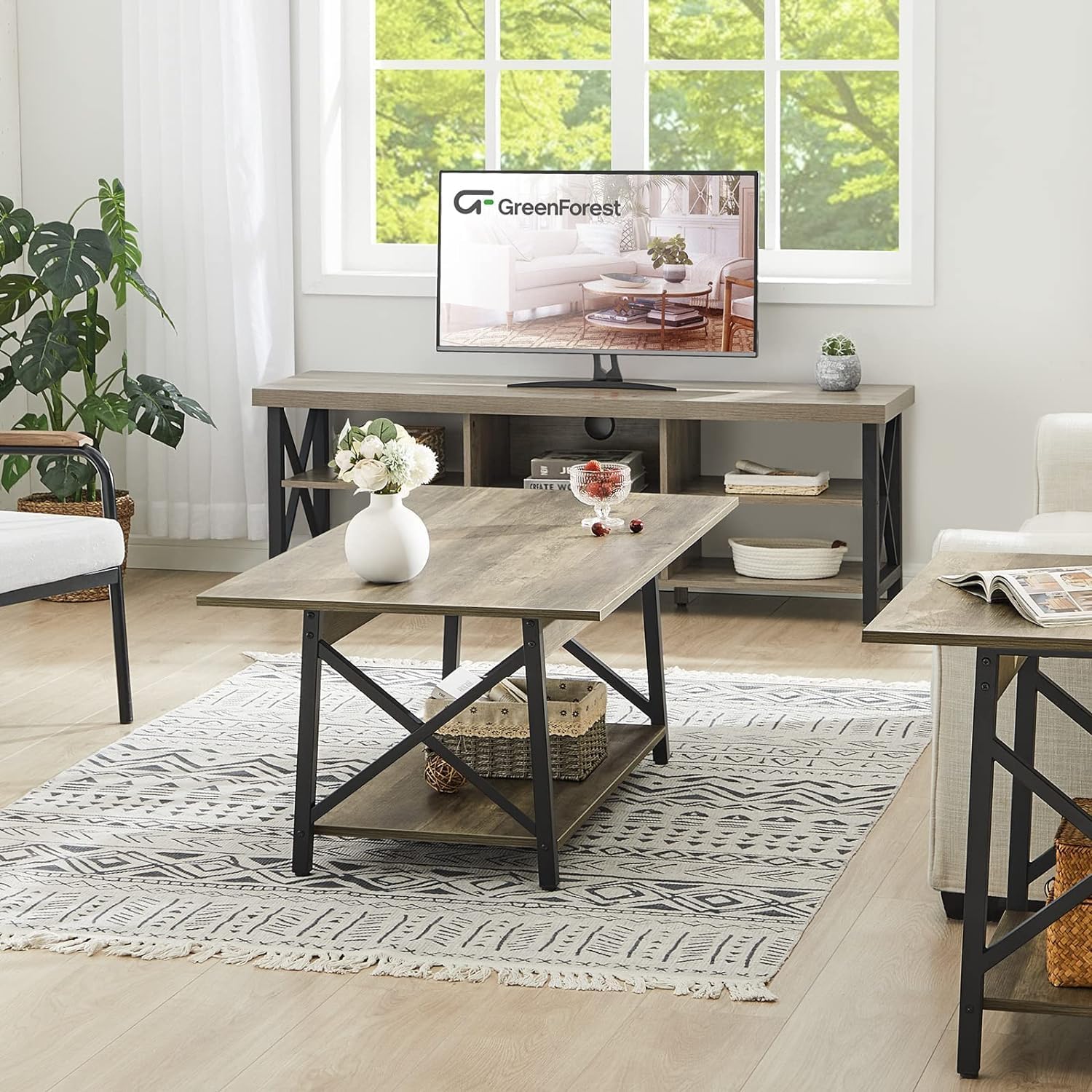 GreenForest Coffee Table with Storage, 39inch Modern 2-Tier Coffee Tables for Living Room, X-Frame Design Farmhouse Coffee Table Space Saving Living Room Small Tables, Easy Assembly, Grey Wash - Grand Goldman