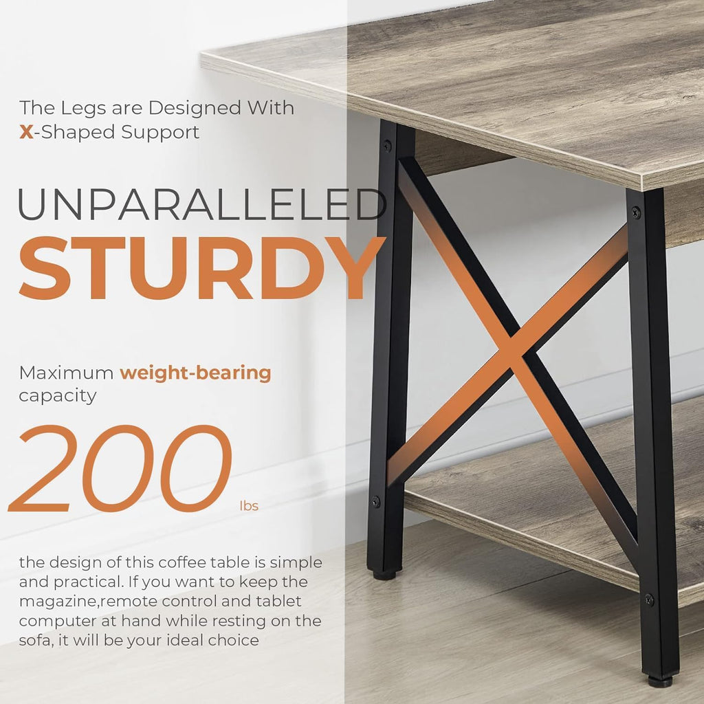 GreenForest Coffee Table with Storage, 39inch Modern 2-Tier Coffee Tables for Living Room, X-Frame Design Farmhouse Coffee Table Space Saving Living Room Small Tables, Easy Assembly, Grey Wash - Grand Goldman