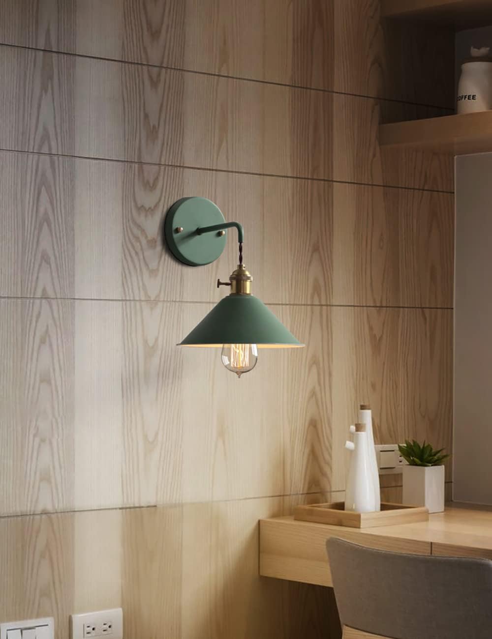 Green Plug in Wall Sconces Set of Two,Wall lamp with Plug in Cord of 2 for Bedroom Hanging Wall Lights E26 Edison Brass lamp Holder with Frosted Paint Body Bedside lamp - Grand Goldman