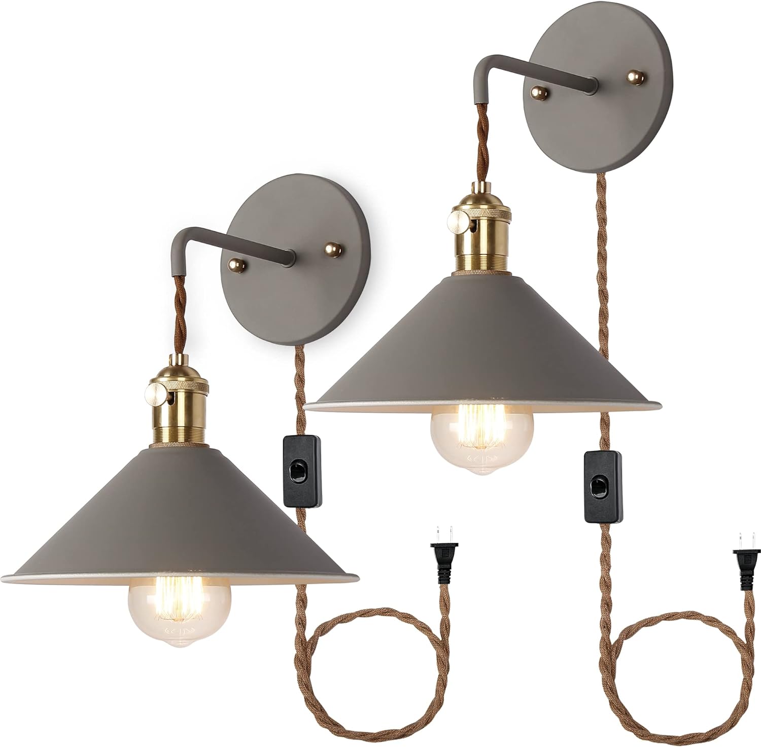 Green Plug in Wall Sconces Set of Two,Wall lamp with Plug in Cord of 2 for Bedroom Hanging Wall Lights E26 Edison Brass lamp Holder with Frosted Paint Body Bedside lamp - Grand Goldman