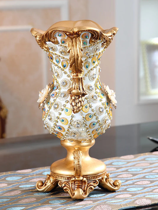 WINSTON Vase de luxe en résine européenne pour fleurs séchées, pot de fleurs doré de style victorien avec gravures détaillées et peintures à la main – Décoration d'intérieur, salon, entrée, tasse de table