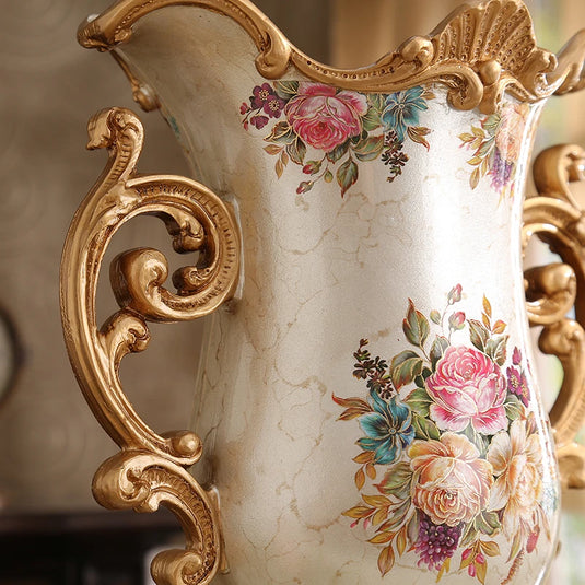 Victorian European Ceramic Vintage Vase With Hand-painted Flowers Resin Floral Sophisticated Pot for Living Room Entrance Kitchen Bedroom Ornaments Home Decoration