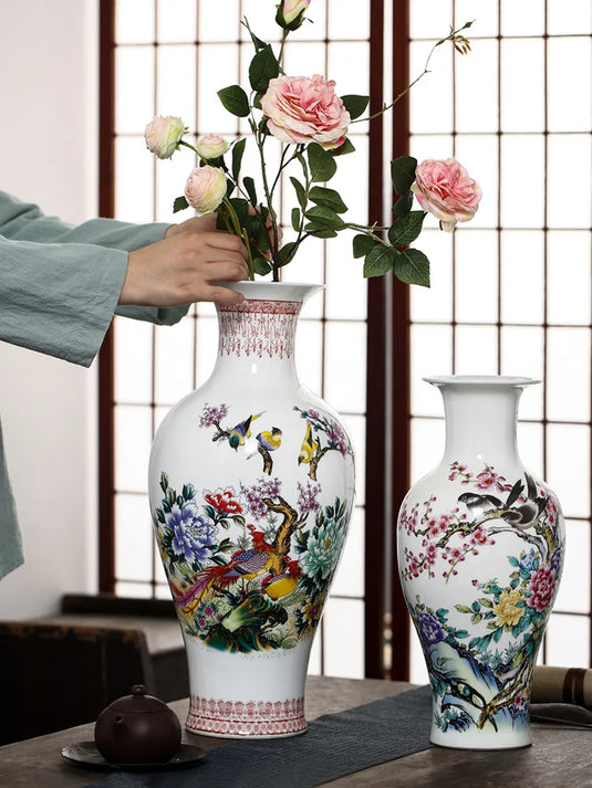 Jingdezhen Grands vases en céramique de 37 cm Décoration de poterie Conteneur floral pour salon Cuisine Bureau Arrangement de pot de fleur long Maison moderne Simple Meuble TV Cadeau de Noël