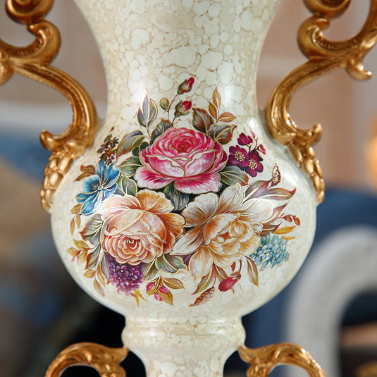 Elegant Victorian Golden Resin Vase Set Engraved Hand-Painted European Amphora Luxury Tabletop Decor Urn Ornamental Dried Flower Arrangement Holder for Living Room Entrance