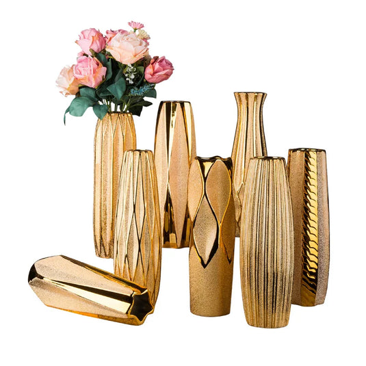 MULLER Vase en céramique contemporain de luxe européen doré 30 cm, amphore de fleurs décoratives pour mariage et décoration intérieure, design créatif, formes linéaires géométriques