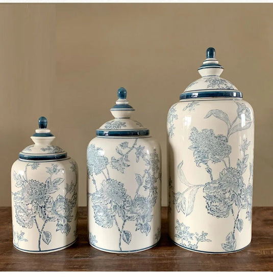 Retro Blue Flower Ceramic Jar Storage Bottle Antique Blue and White Porcelain Flower Vase Desktop Decoration Crafts Jar Bottle