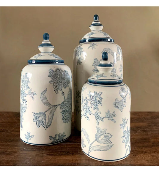 Retro Blue Flower Ceramic Jar Storage Bottle Antique Blue and White Porcelain Flower Vase Desktop Decoration Crafts Jar Bottle