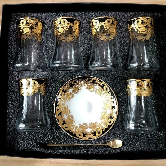 Elegant 6 Sets Turkish Tea Glasses Cups Saucers with Spoons Heat-Resistant Glass Romantic Exotic Design Eco-Friendly Ideal Gift Box Kitchen Decoration Perfect Tea Lovers Anniversary Weddings