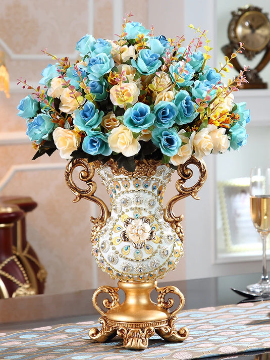 WINSTON Vase de luxe en résine européenne pour fleurs séchées, pot de fleurs doré de style victorien avec gravures détaillées et peintures à la main – Décoration d'intérieur, salon, entrée, tasse de table