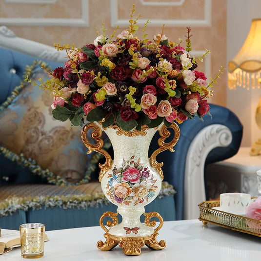 Élégant ensemble de vases victoriens en résine dorée, amphore européenne gravée et peinte à la main, décoration de table de luxe, support d'arrangement de fleurs séchées ornementales pour l'entrée du salon