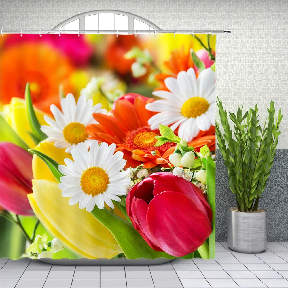 ست پرده دوش پروانه گل بهاری رنگارنگ با طرح گل‌های گیاهی، لاله، رز، بابونه برای دکور حمام، پارچه پلی‌استر
