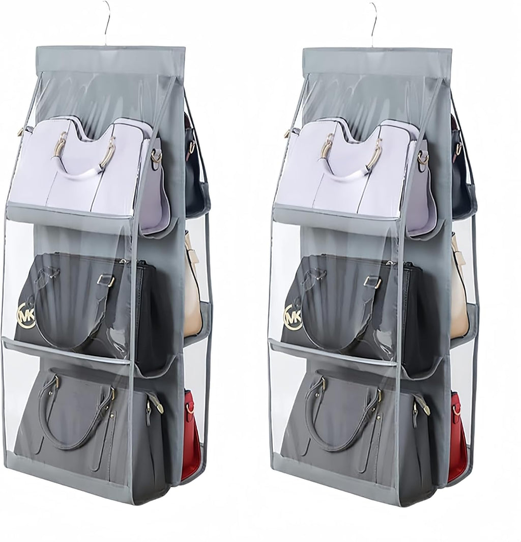 HAN SHENG 2 Pcs 8 Pockets Hanging Purse Handbag Organizer Clear Hanging Shelf Bag Collection Storage Holder Purse Bag Wardrobe Closet Space Saving Organizers (Grey) - Grand Goldman