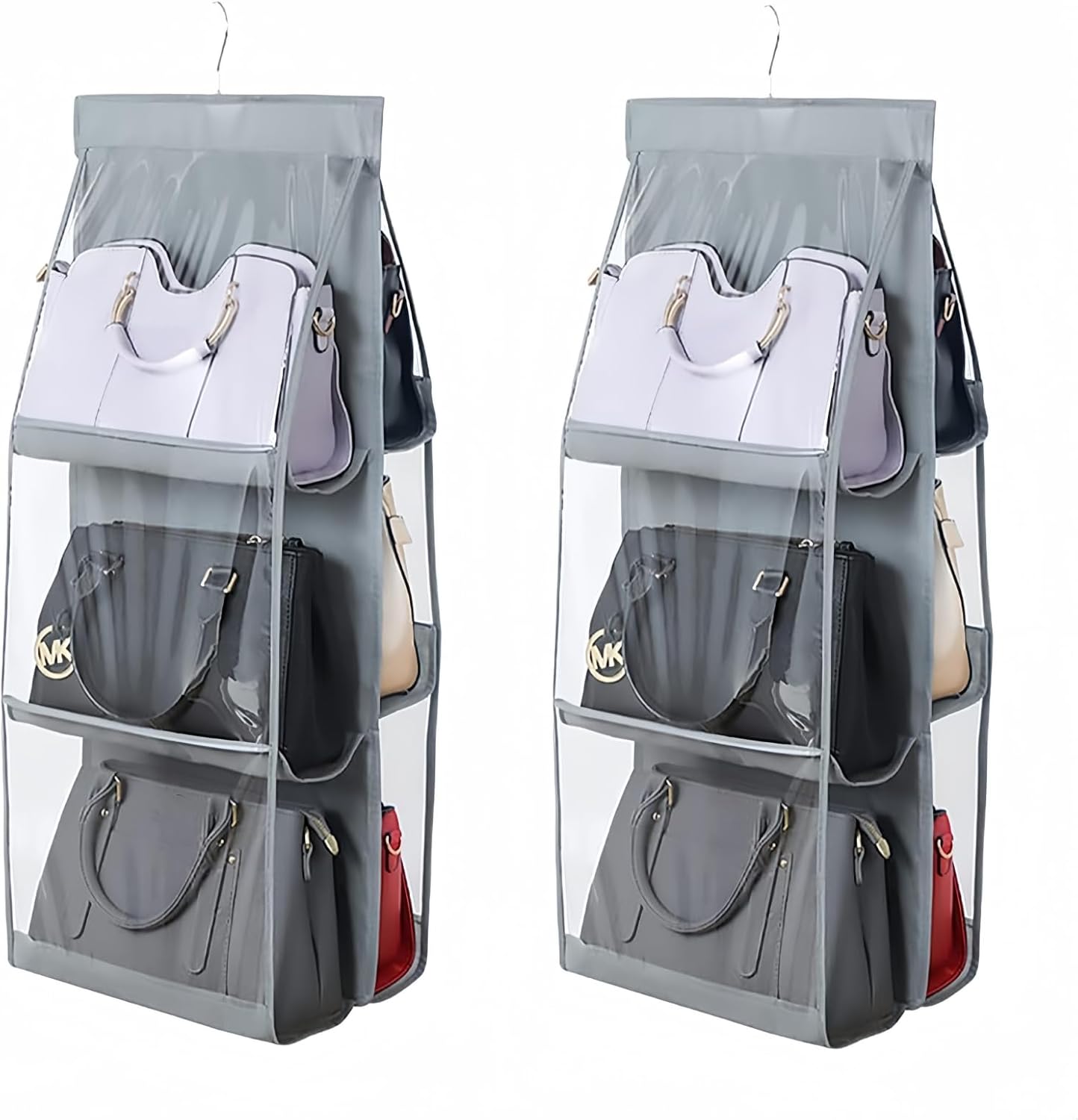 HAN SHENG 2 Pcs 8 Pockets Hanging Purse Handbag Organizer Clear Hanging Shelf Bag Collection Storage Holder Purse Bag Wardrobe Closet Space Saving Organizers (Grey) - Grand Goldman