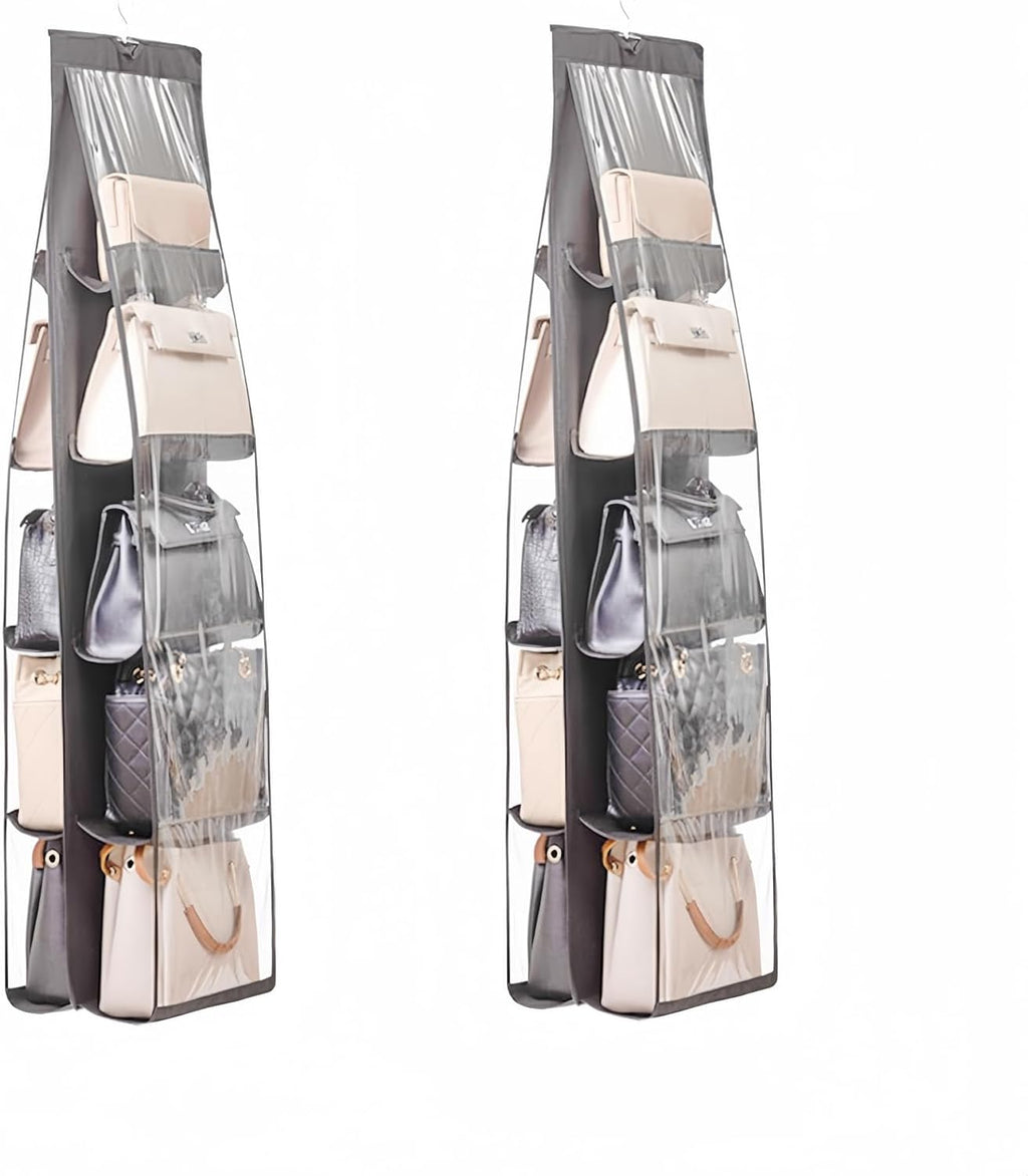 HAN SHENG 2 Pcs 8 Pockets Hanging Purse Handbag Organizer Clear Hanging Shelf Bag Collection Storage Holder Purse Bag Wardrobe Closet Space Saving Organizers (Grey) - Grand Goldman