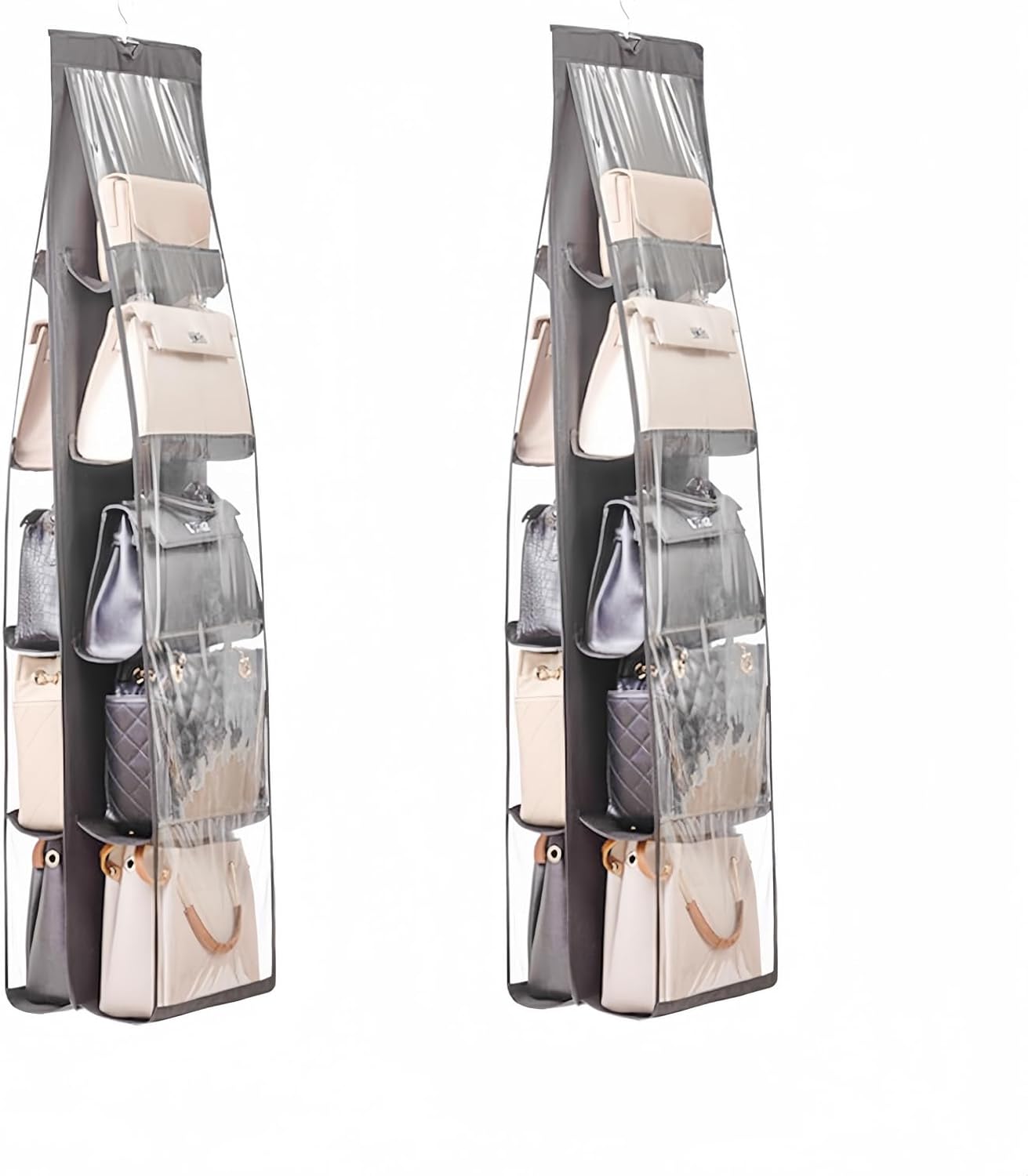 HAN SHENG 2 Pcs 8 Pockets Hanging Purse Handbag Organizer Clear Hanging Shelf Bag Collection Storage Holder Purse Bag Wardrobe Closet Space Saving Organizers (Grey) - Grand Goldman