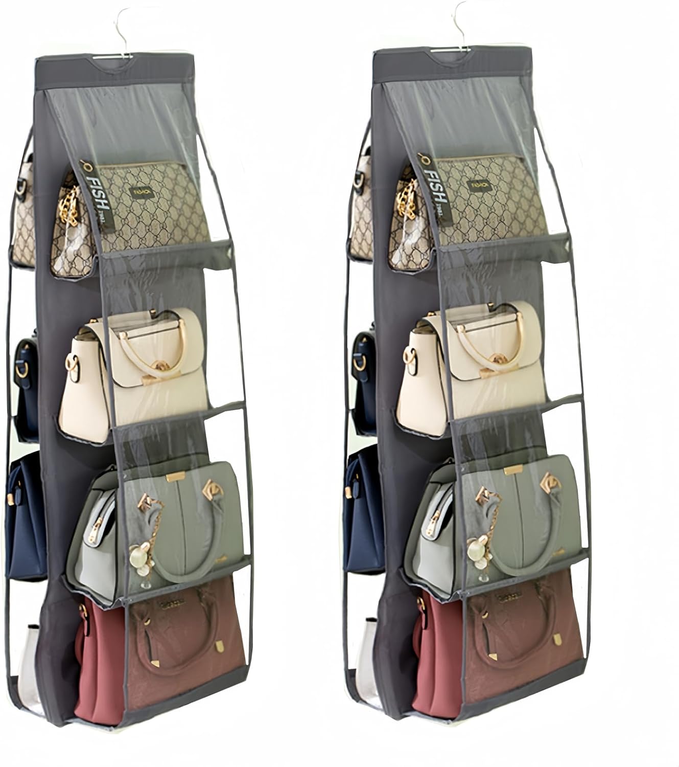 HAN SHENG 2 Pcs 8 Pockets Hanging Purse Handbag Organizer Clear Hanging Shelf Bag Collection Storage Holder Purse Bag Wardrobe Closet Space Saving Organizers (Grey) - Grand Goldman